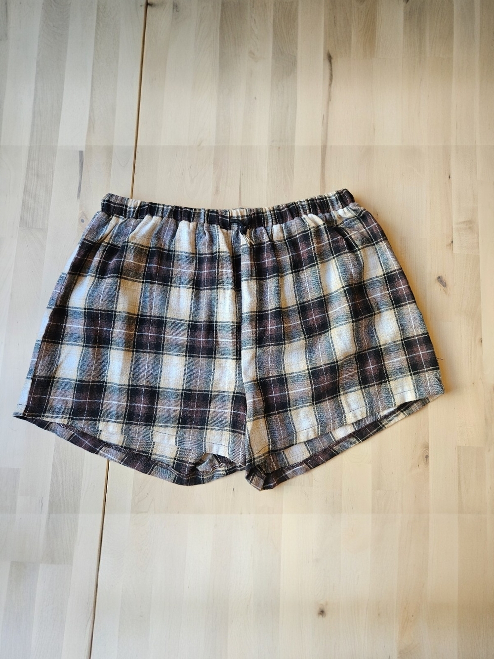 NWOT Brown & Cream Plaid Elastic-Waist Draw String Flannel Cotton Blend Shorts